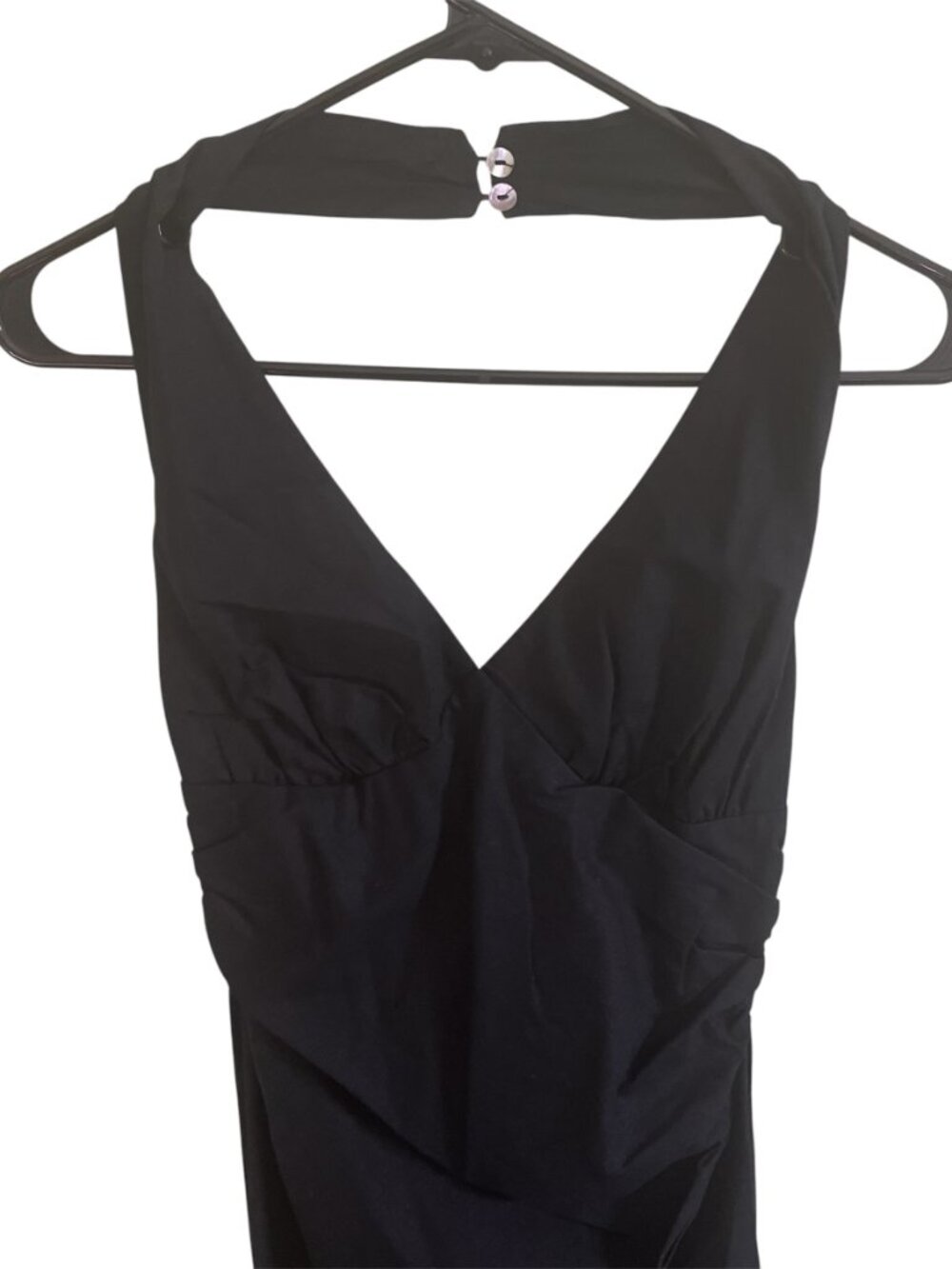 Zara Black Draped Linen Midi Dress Halter V‑Neck Ruched Side Slit Large Summer - Picture 7 of 11